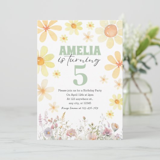 ウォータカラーデイジーパステルグリーン誕生日招待状 招待状 (スタンド正面)