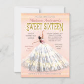 ウォータカラードレス赤面ピンク金ゴールドスウィート16誕生日 マグネット招待状 (正面)