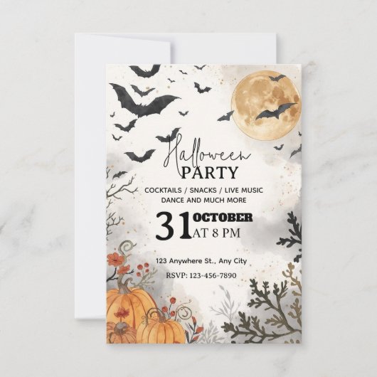 ウォータカラーハロウィンナイトパーティー招待状 – 編集可能 招待状 (正面)