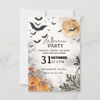 ウォータカラーハロウィンナイトパーティー招待状 – 編集可能 招待状