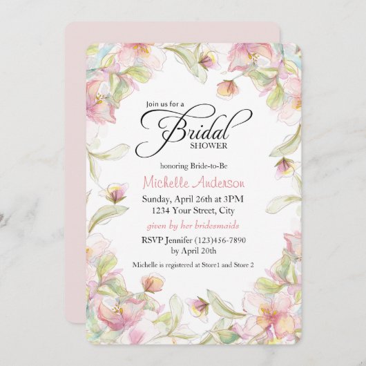 ウォータカラーフローラフレームパステルブライダルシャワー 招待状 (正面/裏面)