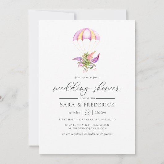 ウォータカラーフローラブーケパラシュートウェディングシャワー 招待状 (正面)