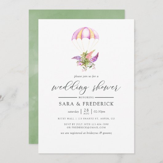 ウォータカラーフローラブーケパラシュートウェディングシャワー 招待状 (正面/裏面)