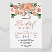 ウォータカラーフローラブーケピンクピーチブライダルシャワー 箔招待状 (正面)