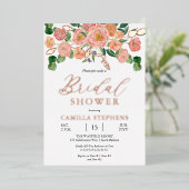 ウォータカラーフローラブーケピンクピーチブライダルシャワー 箔招待状 (立ち正面)