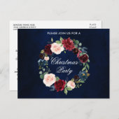 ウォータカラーフローラリースクリスマパーティの招待状 ポストカード (正面/裏面)