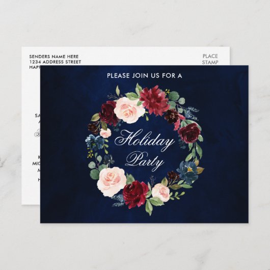 ウォータカラーフローラリースホリデーパーティー招待状 ポストカード (正面/裏面)