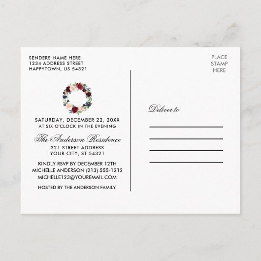 ウォータカラーフローラリースホリデーパーティー招待状 ポストカード (裏面)