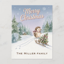 ウォータカラーヘッジホッグとそり ウッドランドクリスマス シーズンポストカード