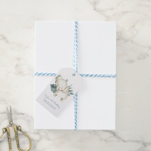 ウォータカラーベビーエレファントプリンストロピカル誕生日 ギフトタグ (より糸付き)