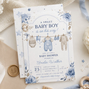 ウォータカラーベビーシャワーのClothes Line Baby Boy 招待状