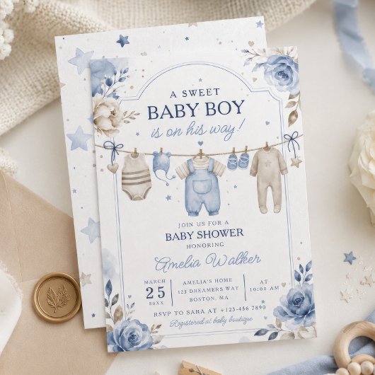 ウォータカラーベビーシャワーのClothes Line Baby Boy 招待状
