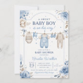 ウォータカラーベビーシャワーのClothes Line Baby Boy 招待状 (正面)
