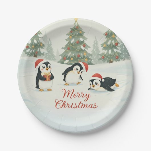 ウォータカラーペンギンのクリスマスツリー ペーパープレート (正面)
