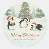 ウォータカラーペンギンのクリスマスツリー ラウンドシール (正面)