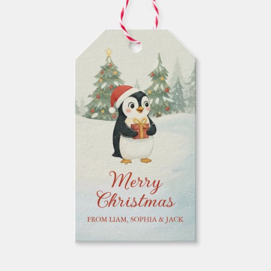 ウォータカラーペンギンのクリスマス森 ギフトタグ (正面)