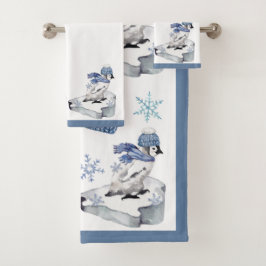 ウォータカラーペンギンの雪の結晶 クリスマス バスタオルセット