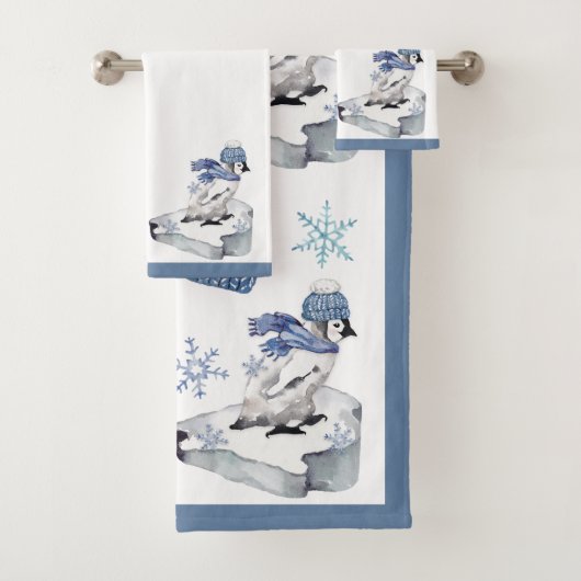 ウォータカラーペンギンの雪の結晶 クリスマス バスタオルセット (インサイチュ)