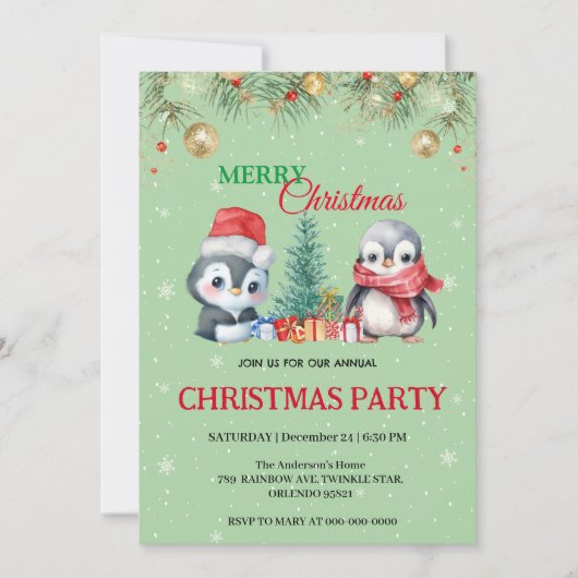 ウォータカラーホリデーペンギンサンタクリスマスパーティー 招待状 (正面)