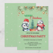ウォータカラーホリデーペンギンサンタクリスマスパーティー 招待状 (正面/裏面)