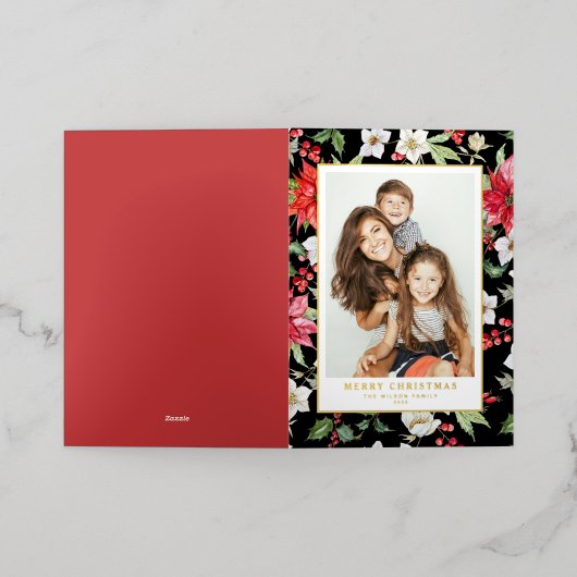 ウォータカラーホリデー花模様ブラックメリークリスマス 箔シーズンカード (外側レイダウン)