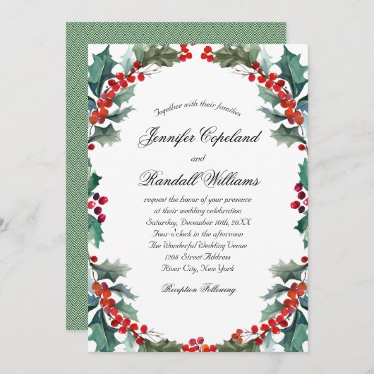 ウォータカラーホリーアンドベリーホリデー結婚ズ 招待状 (正面/裏面)