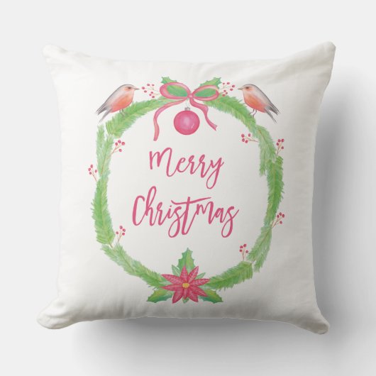 ウォータカラーホリーリースメリークリスマス クッション (正面)