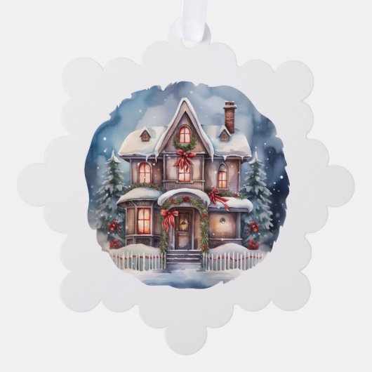 ウォータカラーメリークリスマスコージーハウス オーナメントカード (正面)