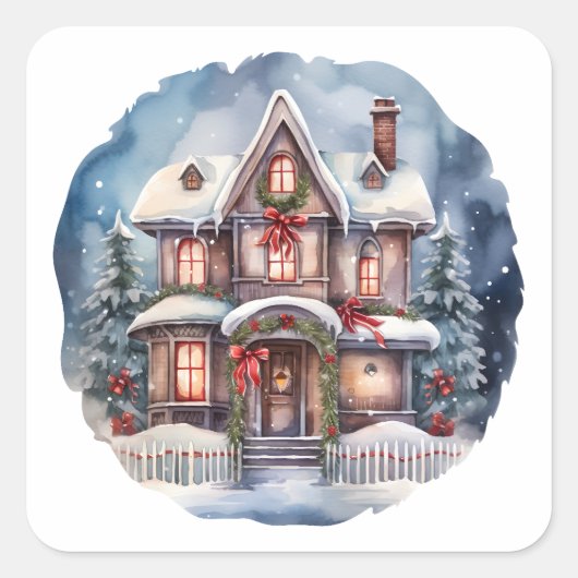 ウォータカラーメリークリスマスコージーハウス スクエアシール (正面)