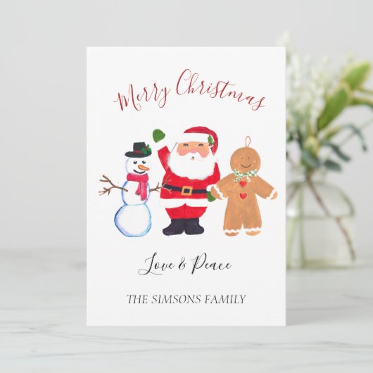 ウォータカラーメリークリスマスサンタ雪だるま シーズンカード (スタンド正面)