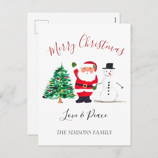 ウォータカラーメリークリスマスサンタ雪だるま シーズンポストカード (正面/裏面)