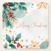 ウォータカラーメリークリスマス広場紙コースター スクエアペーパーコースター (正面)