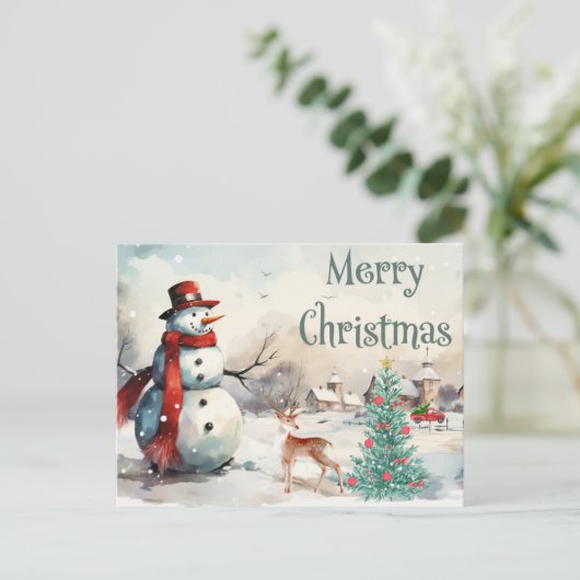 ウォータカラーメリークリスマス雪だるま シーズンポストカード (スタンド正面)
