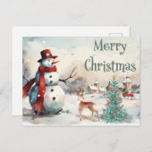 ウォータカラーメリークリスマス雪だるま シーズンポストカード (正面/裏面)