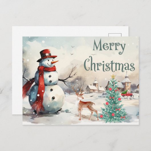 ウォータカラーメリークリスマス雪だるま シーズンポストカード (正面/裏面)