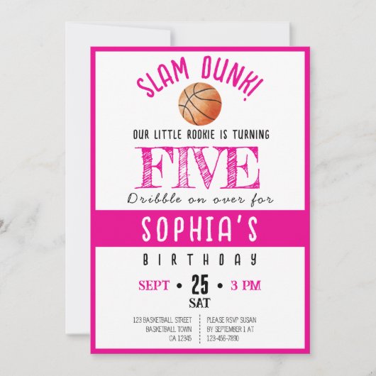 ウォータカラールーキーバスケットボールガール誕生日 招待状 (正面)