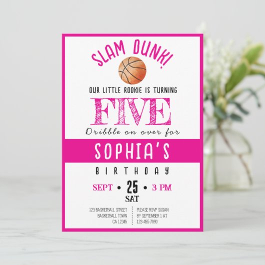 ウォータカラールーキーバスケットボールガール誕生日 招待状 (スタンド正面)