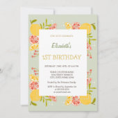 ウォータカラーレモンオレンジグリーンプレイド誕生日 招待状 (正面)