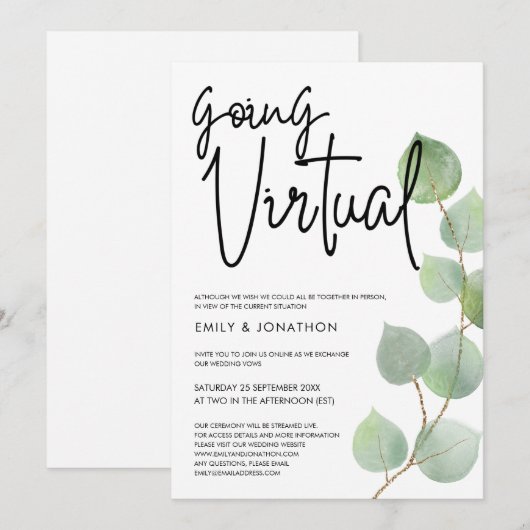 ウォータカラー ユーカリ スクリプト バーチャル ウェディング 招待状 (正面/裏面)