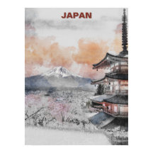 ウォータカラー 富士山と日本のお寺 – 日本の風景