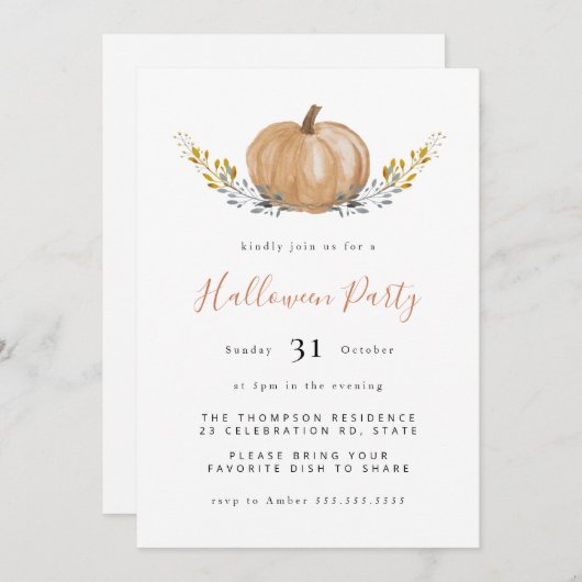 ウォータミニマルーカラーパンプキンハローウィンパーティ 招待状 (正面/裏面)