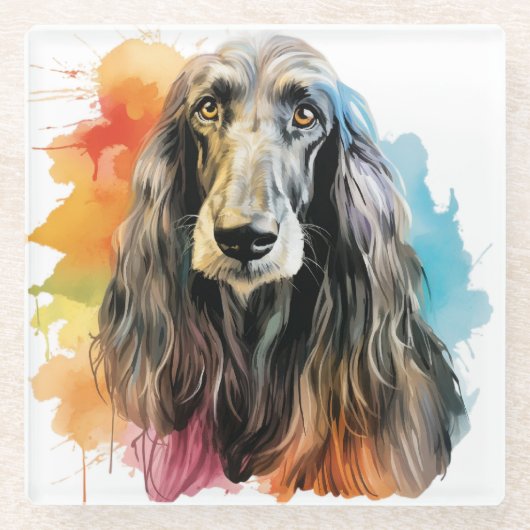 ウォーターかわいらしカラーアフガンハウンド顔 ガラスコースター (正面)