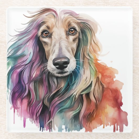 ウォーターかわいらしカラーアフガンハウンド顔 ガラスコースター (正面)