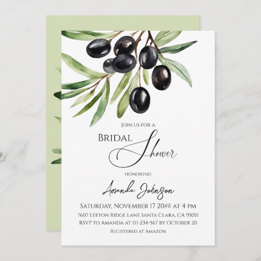 ウォーターエレガントカラーオリーブブランチブライダルシャワー 招待状 (正面/裏面)