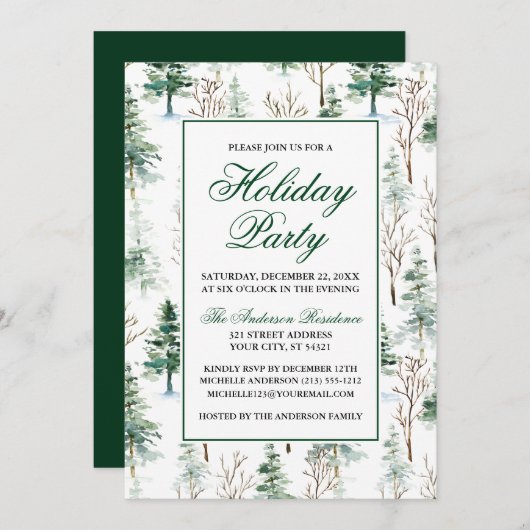 ウォーターエレガントカラーグリーンリーパインズホリデーパーティー 招待状 (正面/裏面)
