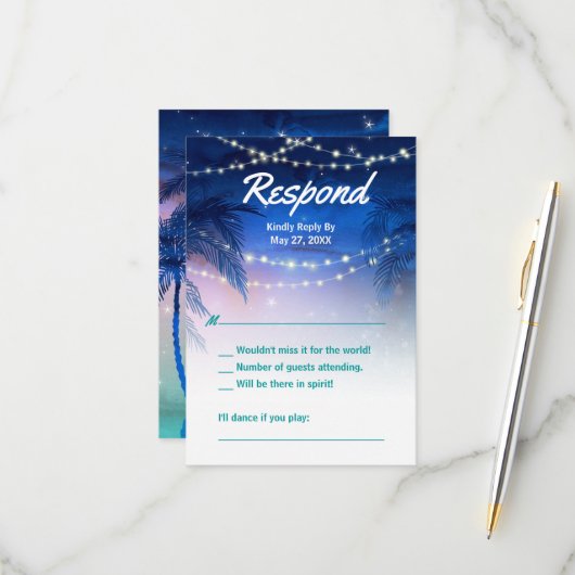 ウォーターエレガントカラーパームツリービーチ結婚式 出欠カード (正面/裏面インサイチュ)