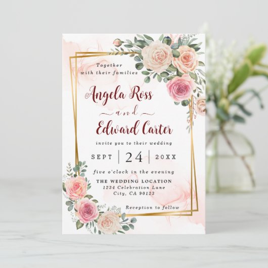 ウォーターエレガントカラーピンクローズ結婚式招待状 セーブザデート (スタンド正面)