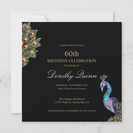 ウォーターエレガントカラーピーコック誕生日 招待状 (正面)