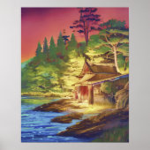 ウォーターカラフルカラーシーサイドコテージハウスグリーナリー ポスター (正面)