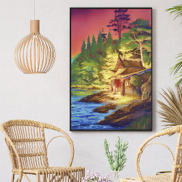 ウォーターカラフルカラーシーサイドコテージハウスグリーナリー ポスター